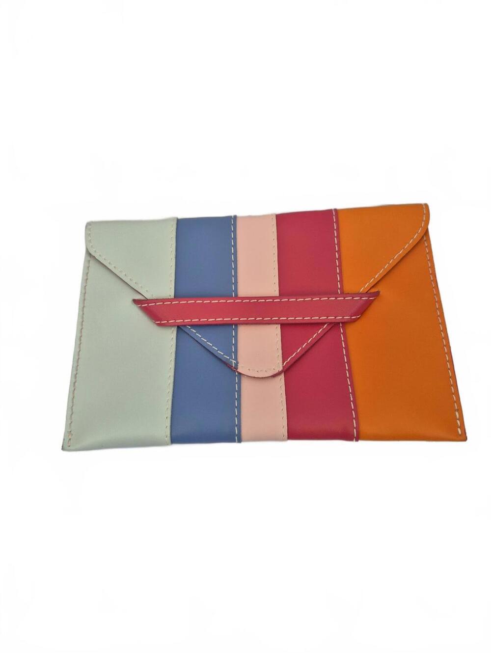 Horchow Made In Italy Orange Red Blue Color Block Small Slim Leather Pouch